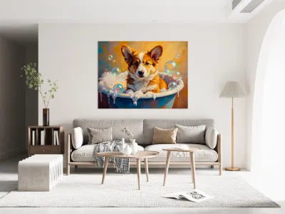 Happy Corgi Puppy Enjoys Bath Time Fun Reproduction