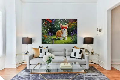 Corgi Puppy Discovers Superhero Mask In Bedroom Reproduction