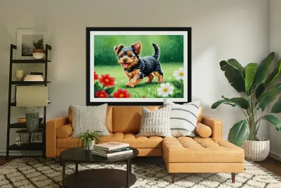 Content Yorkshire Terrier Puppy Rests After Raindrop Adventure Reproduction