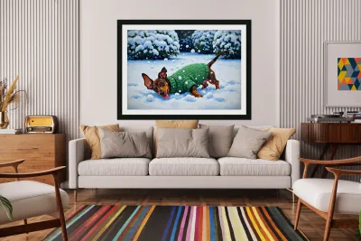 Sleepy Dachshund Puppy Warms Up By Cozy Winter Fireplace Reproduction