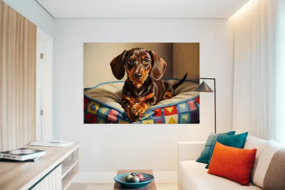 Dachshund Puppy Content On Cozy Dog Bed Reproduction