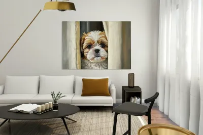 Shih Tzu Puppys Perfect Hiding Spot Behind Curtain Reproduction