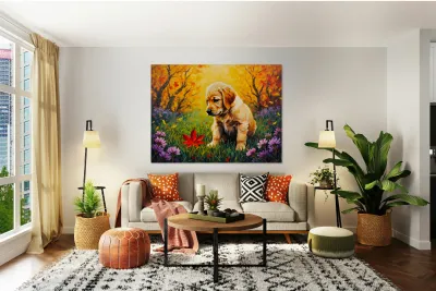 Happy Golden Retriever Puppy Decorated With Leaves Reproduction