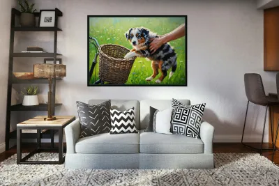 Australian Shepherd Puppy Discovers Bicycle Basket Adventure Reproduction