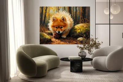 Pomeranian Puppy Discovers Pinecone In Forest Reproduction