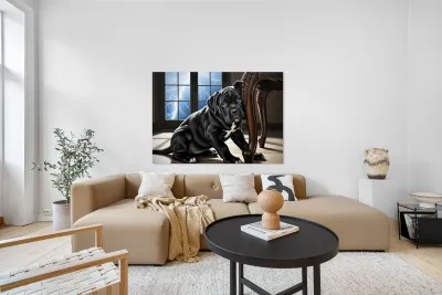 Cane Corso Puppy Seeks Shelter Under Table Reproduction