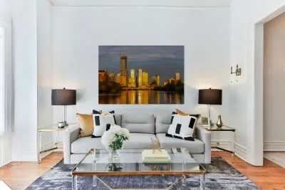 Waterline dominates city skyline of Austin Texas at sunset in 20 Reproduction