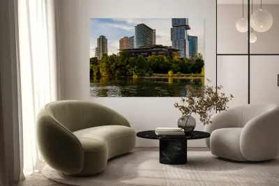 Detail Austin Central Library on waterfront in city skyline Texas Reproduction