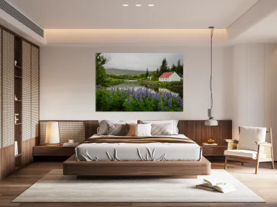 Peaceful scene in Seydisfjordur of river flowing from misty moun Reproduction