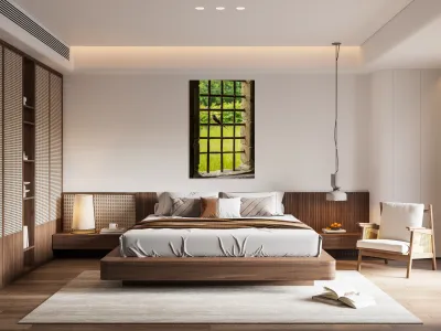 Barn swallow perched on the bars of window of 13th Century forti Reproduction