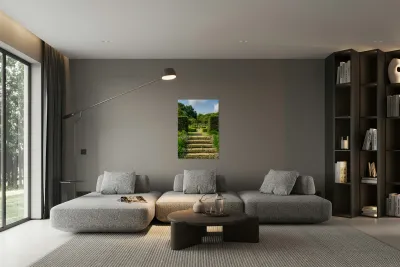 Stone steps into a hedged flower garden on the Isle of Wight Reproduction