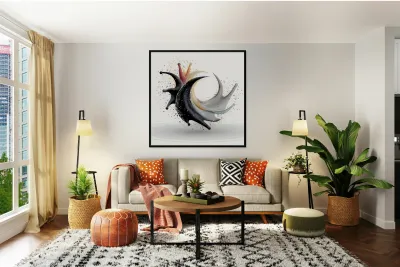 Crescent Surge – Minimal Ink & Color Burst Print Reproduction