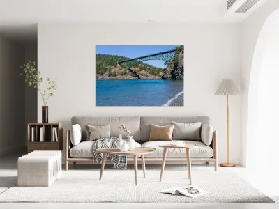 Turbulent water of Deception Pass under historic cantilevered br Reproduction