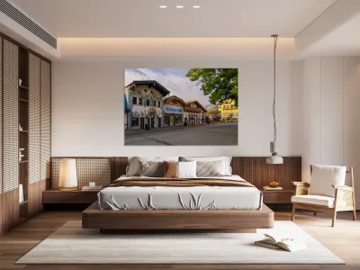 Alpine scenes on hat and candle store in Leavenworth WA Reproduction