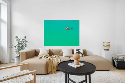 Three paddleboards float away from island in Diablo Lake in Nort Reproduction