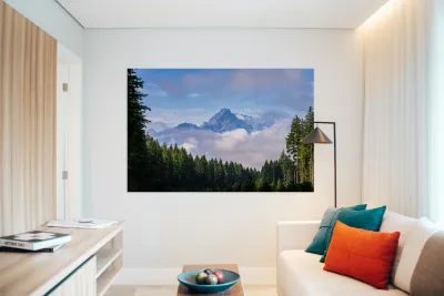 Whitehorse Mountain seen through rolling clouds and mist from Ro Reproduction