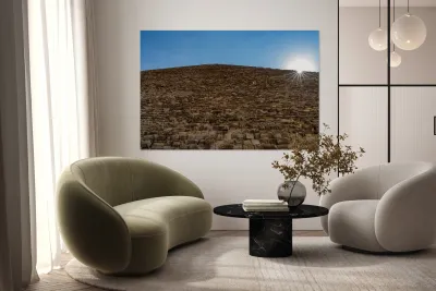 Great Pyramid of Giza with the sun flaring over the top edge Reproduction