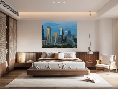 Harvest moon by Google building in Austin skyline Texas Reproduction