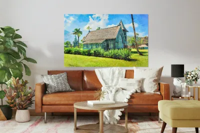 Watercolor painting of Mission or Green Church in Hanalei Kauai Reproduction