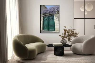 Green door with Wisteria plant in bloom. Nevers Nievre. France Reproduction