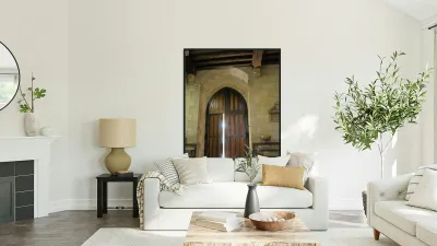 Shaft of light coming through the entrance door.  Eglise de Saint Maurice. Chatillon-sur-Loire Centre. France Reproduction