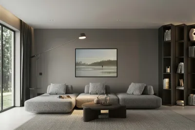 Man walking with surfboard through the mist Long Beach Pacific Rim National Park Reproduction