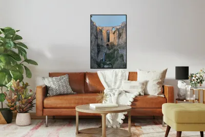 Guadalevín River and waterfall at dusk Puente Nuevo El Tajo Gorge Ronda Málaga Andalusia Spain Reproduction