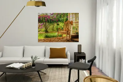 Oil painting of vintage wooden rocking chair with a straw hat re Reproduction