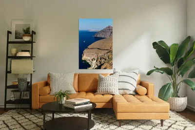 Santorini caldera with cliffs deep blue sea port and distant  Reproduction