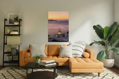 Sunset over Santorini caldera with church and boats. Reproduction