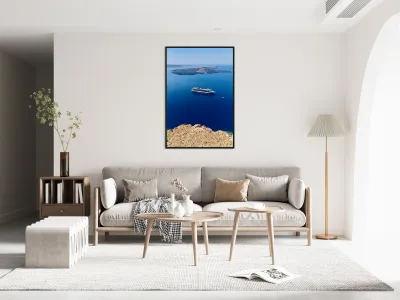 Cruise ship in deep blue sea volcanic islands rocky foreground Reproduction