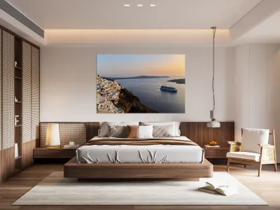 Santorini village and cruise ship at sunset. Reproduction