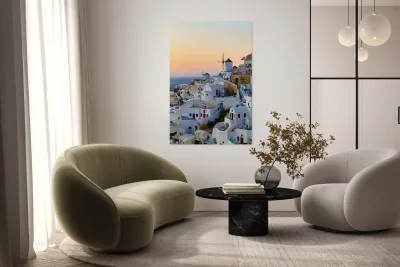 Oia Santorini: White buildings windmills and sunset over the  Reproduction