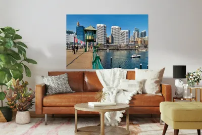 Sydney Harbour with boats and buildings on a sunny day. Reproduction