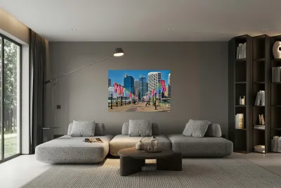Colorful flags line bridge in Darling Harbour Sydney on a sunny  Reproduction
