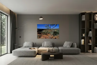 A gnarled tree overlooks a river in a vast canyon. Reproduction