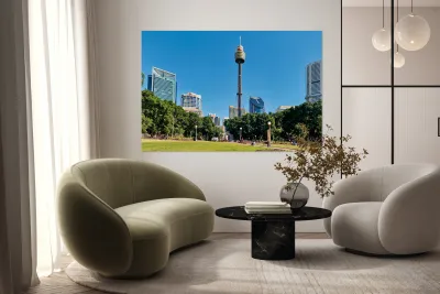 Sydney Tower Eye and surrounding buildings on a clear day. Reproduction