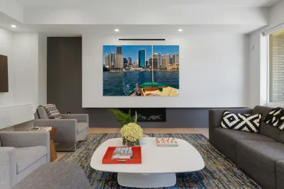 Sydney skyline viewed from a ferry on a sunny day. Reproduction