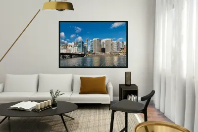 Sydney Harbour skyline with bridge and boats. Reproduction