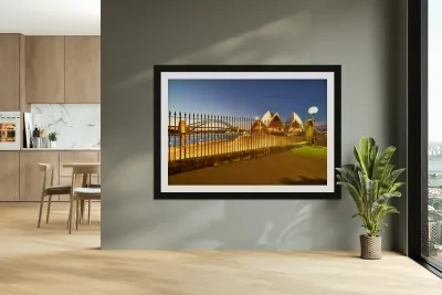 Sydney Opera House and Harbour Bridge at dusk. Reproduction