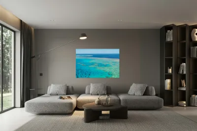 Aerial view of the Great Barrier Reefs turquoise waters. Reproduction