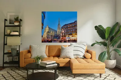 St. Stephens Cathedral at dusk in bustling Vienna. Reproduction
