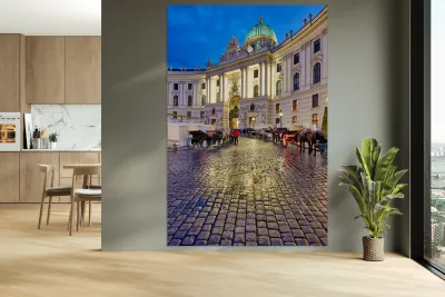 Hofburg Palace Vienna at night with horse drawn carriages. Reproduction