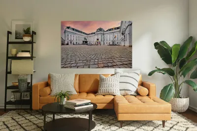 Majestic palace equestrian statue and cobblestone square under Reproduction