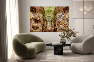 Stunning Baroque church interior rich with gold and religious a Reproduction