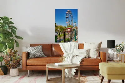 Prater Ferris wheel and carousel under a clear blue sky. Reproduction