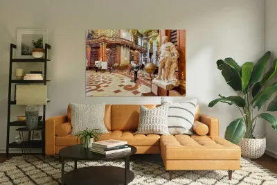 Ornate library interior with towering bookshelves statues glob Reproduction