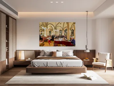 Ornate cafe interior bustling with people and a grand piano. Reproduction