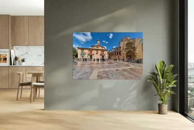 Valencia scene in Plaza de la Virgen with famous sites and peopl Reproduction