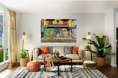 Valencia street art features murals and colorful buildings in Sp Reproduction